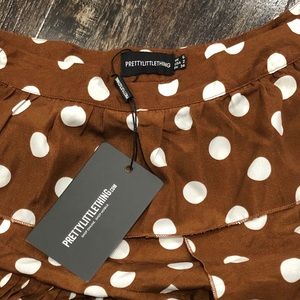 chocolate polka dot one shoulder ruffle detail pleated midi dress